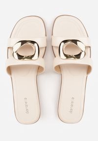 Renee - Beżowe Klapki z Metaliczną Klamrą i Geometryczną Cholewką Ariesienne. Okazja: na co dzień. Kolor: beżowy. Materiał: len. Wzór: geometria. Sezon: lato. Styl: casual #6