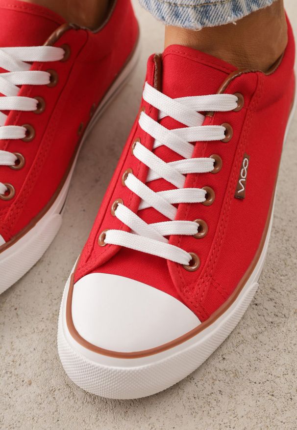 Born2be - Czerwone Klasyczne Trampki do Kostki z Lamówką przy Podeszwie Kasiope. Okazja: na co dzień. Kolor: czerwony. Materiał: jeans. Styl: klasyczny