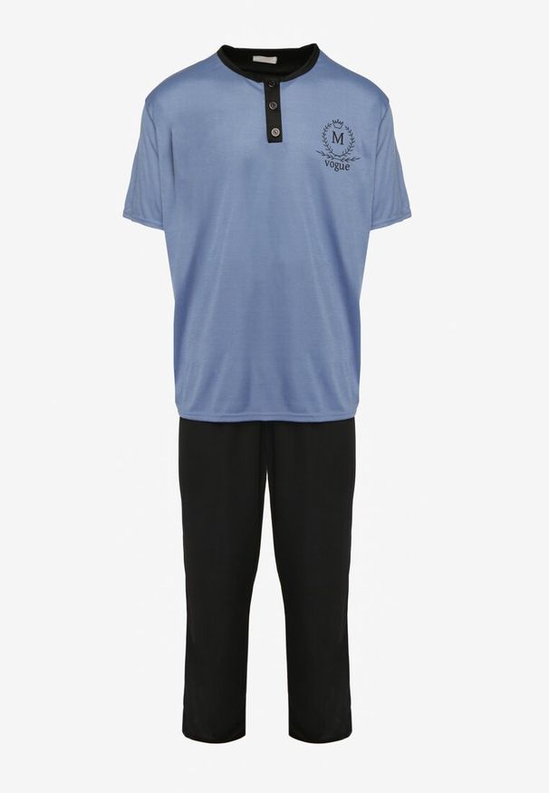 Born2be - Niebieska Bawełniana Piżama Spodnie z Gumką w Pasie i T-shirt z Nadrukiem Ittelea. Kolor: niebieski. Materiał: bawełna. Długość: długie. Wzór: nadruk