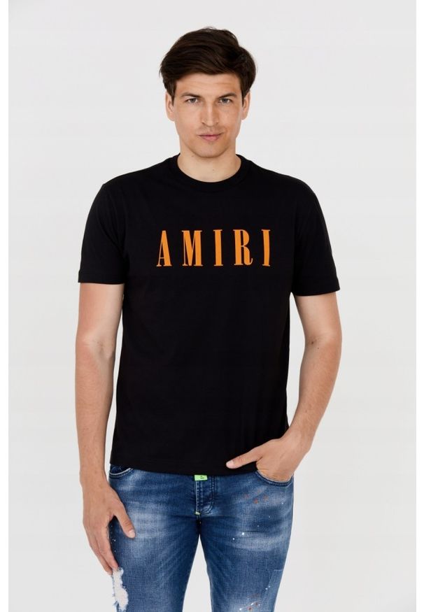 Amiri - AMIRI T-shirt męski czarny z pomarańczowym logo, Rozmiar XXL. Kolor: czarny