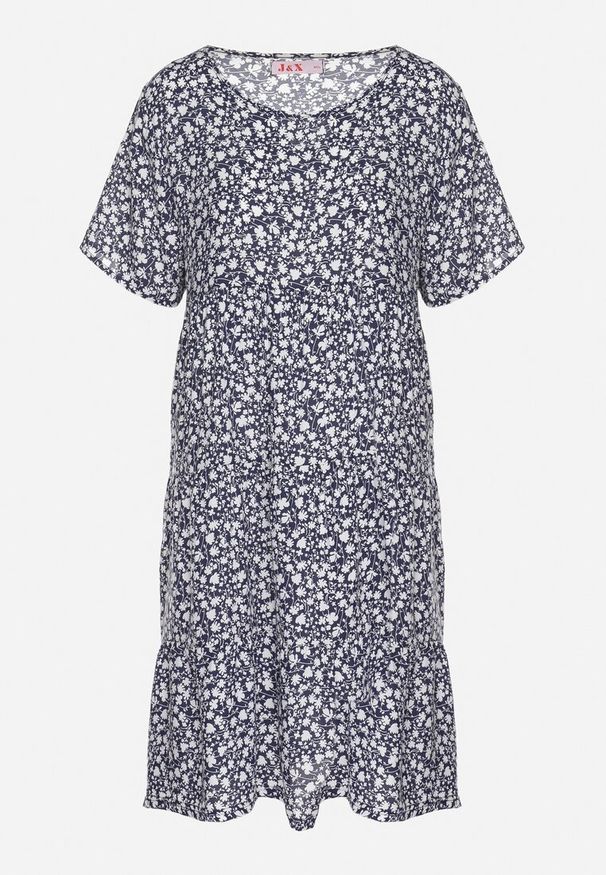 Born2be - Niebieska Sukienka z Bawełną w Kwiatowy Wzór Lunasenia. Okazja: na co dzień. Kolor: niebieski. Materiał: bawełna. Wzór: kwiaty. Styl: casual, elegancki