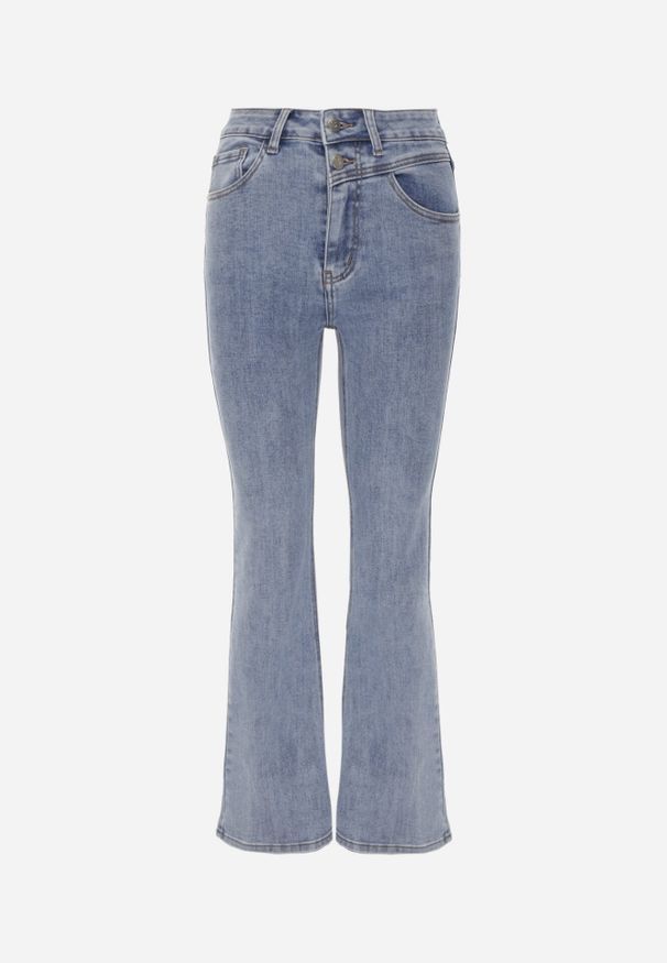 Born2be - Niebieskie Jeansy Dzwony z Bawełną Zapinane na Podwójny Guzik Daphlea. Okazja: na co dzień. Kolor: niebieski. Styl: elegancki, retro, casual