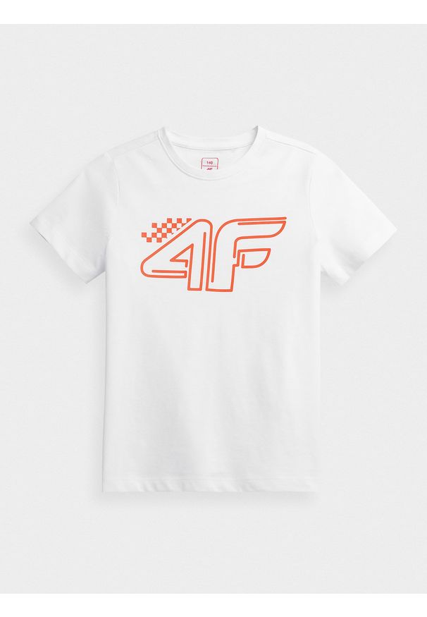 4f - T-shirt z nadrukiem chłopięcy. Kolor: biały. Materiał: dzianina, bawełna, materiał. Wzór: nadruk