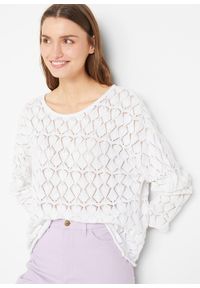 bonprix - Sweter oversize. Kolor: biały. Materiał: len. Wzór: ażurowy