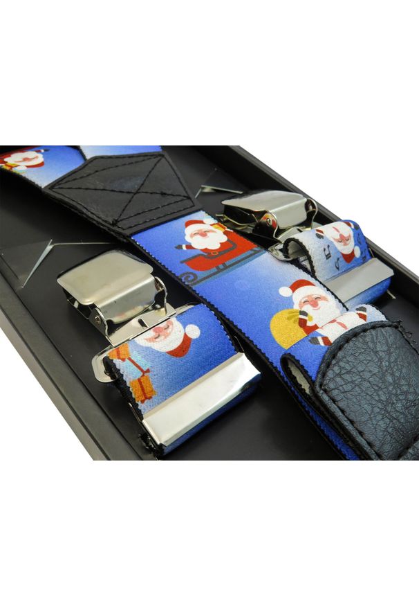 Modini - Niebieskie szelki w świąteczny wzór - Mikołaje SZ70. Kolor: niebieski. Materiał: skóra, guma