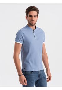 Ombre Clothing - Koszulka męska polo bez kołnierzyka - niebieska V3 - Rozmiar: M. Typ kołnierza: polo, bez kołnierzyka. Kolor: niebieski. Materiał: bawełna. Długość: długie