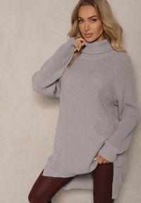 Renee - Szary Casualowy Golf Ittalora. Okazja: na co dzień. Typ kołnierza: golf. Kolor: szary. Materiał: jeans. Długość rękawa: długi rękaw. Długość: długie. Wzór: aplikacja. Styl: casual