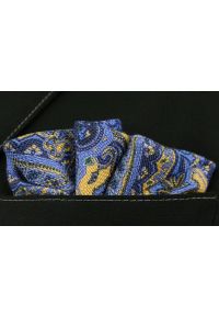 Niebiesko-Żółta Męska Poszetka -EM Men's Accessories- Wzór Orientalny. Kolor: niebieski, wielokolorowy, złoty, żółty. Materiał: bawełna #3