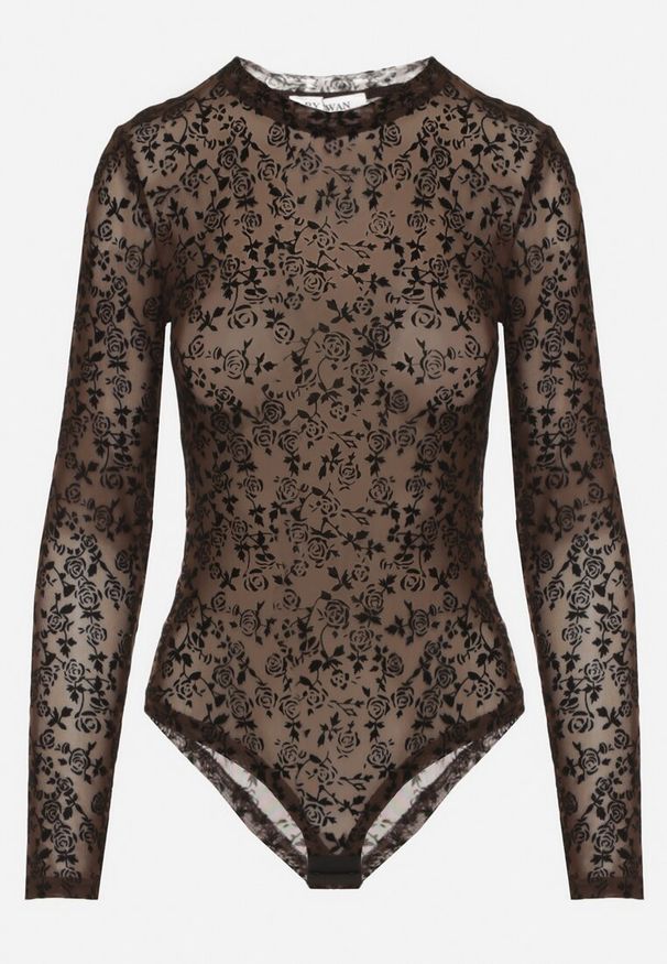 Born2be - Brązowe Body z Dodatkiem Wiskozy z Długim Rękawem i Welurowym Wzorem w Kwiaty Eclena. Okazja: na co dzień. Kolor: brązowy. Materiał: wiskoza, welur. Długość rękawa: długi rękaw. Długość: długie. Wzór: kwiaty. Styl: casual