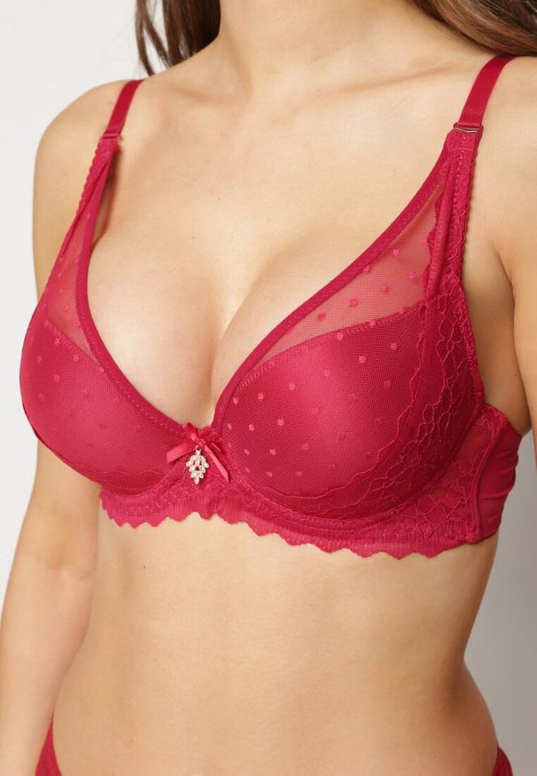 Renee - Bordowy Usztywniany Biustonosz Full Cup z Subtelną Koronką Serumka. Kolor: czerwony. Materiał: koronka. Wzór: koronka