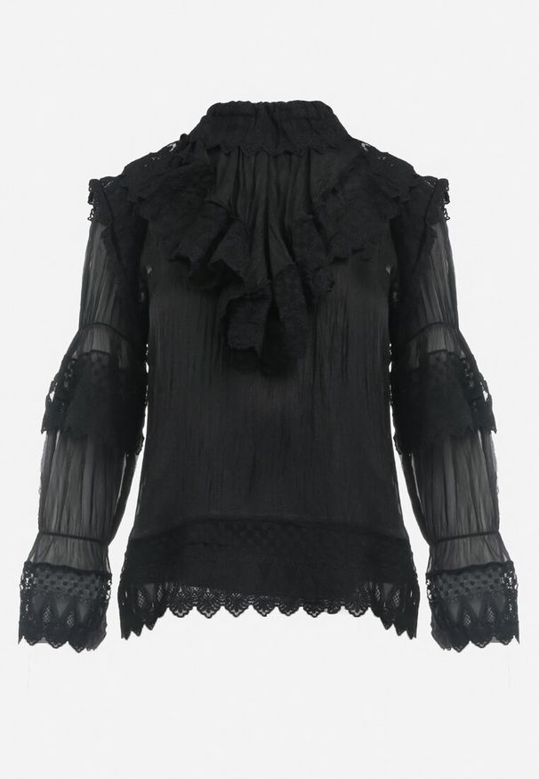 Born2be - Czarna Bluzka z Koronką i Falbankami Caselen. Typ kołnierza: kołnierz z falbankami. Kolor: czarny. Materiał: koronka. Długość rękawa: na ramiączkach. Długość: długie. Wzór: koronka