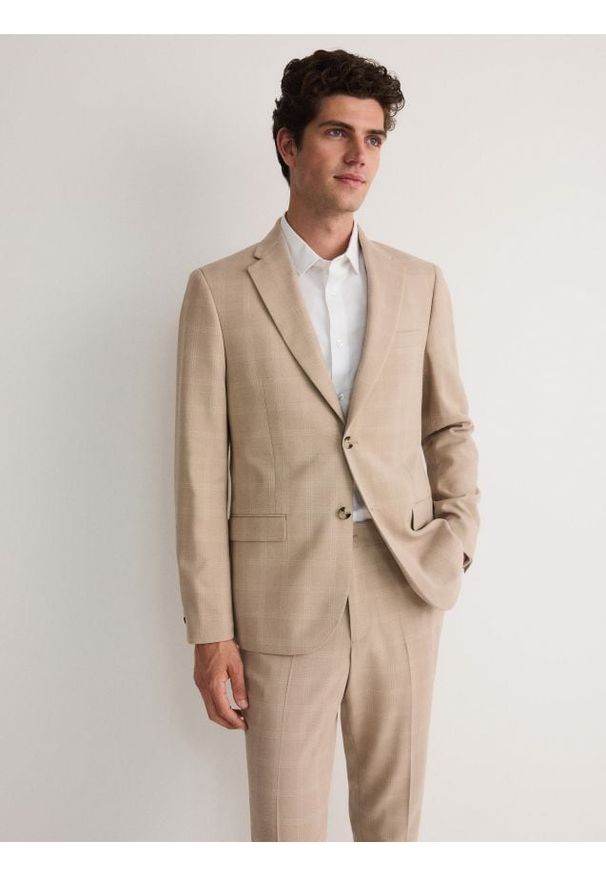 Reserved - Marynarka slim fit w kratę - beżowy. Kolor: beżowy. Materiał: wiskoza, tkanina