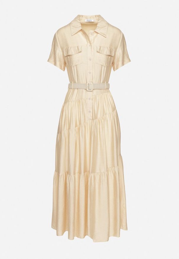 Born2be - Beżowa Sukienka Koszulowa o Rozkloszowanym Kroju z Paskiem w Talii Vimorise. Typ kołnierza: dekolt w kształcie V. Kolor: beżowy. Typ sukienki: koszulowe. Styl: elegancki