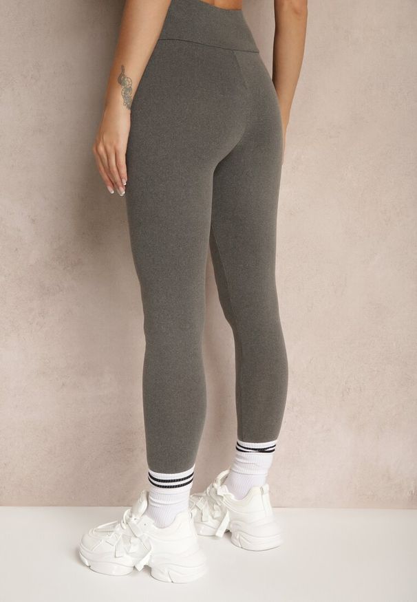 Renee - Szare Legginsy High Waist z Szeroką Gumką w Pasie Sevini. Okazja: na co dzień, do domu. Stan: podwyższony. Kolor: szary. Wzór: aplikacja, bez wzorów. Styl: casual