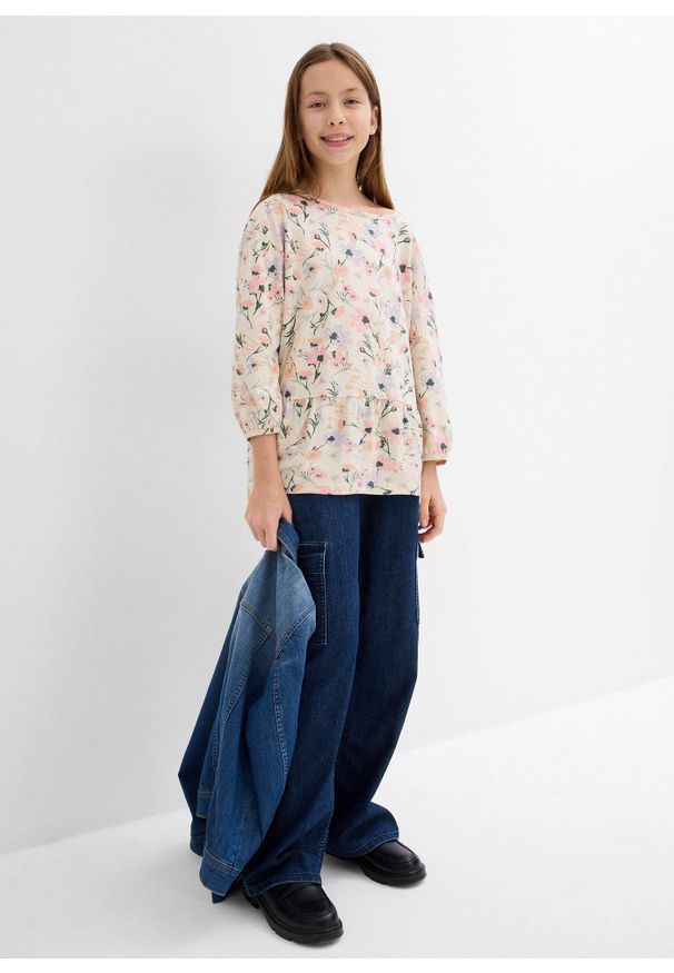 bonprix - Shirt tunikowy z czystej bawełny. Kolor: beżowy. Materiał: bawełna