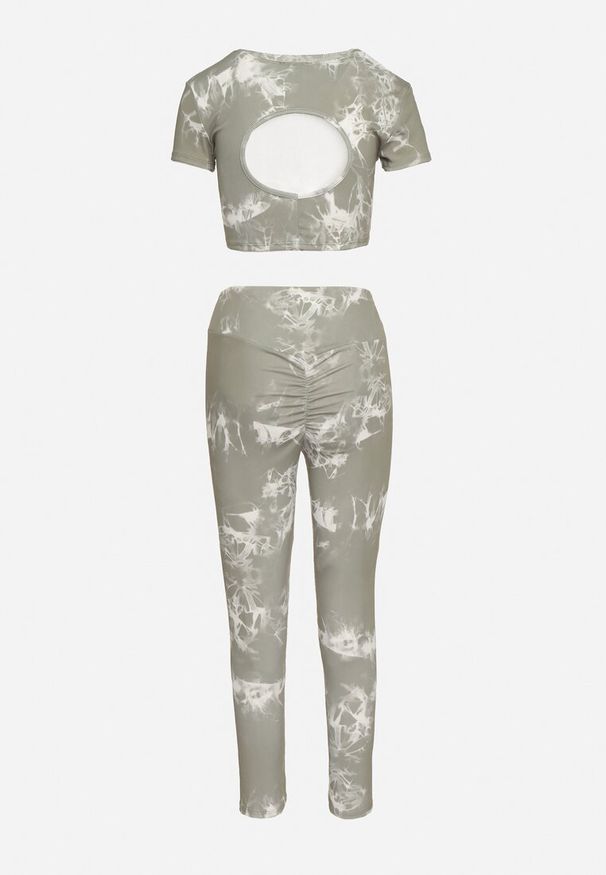 Born2be - Zielony Komplet Sportowy z Wzorem Tie-Dye Top z Krótkimi Rękawami i Leggisy Larvena. Kolor: zielony
