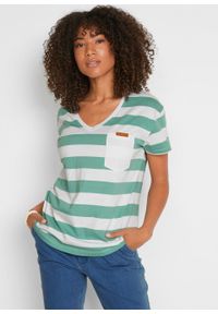Shirt z bawełny organicznej bonprix zielony szałwiowy - biały w paski. Typ kołnierza: dekolt w serek. Kolor: zielony. Materiał: bawełna. Wzór: paski #3