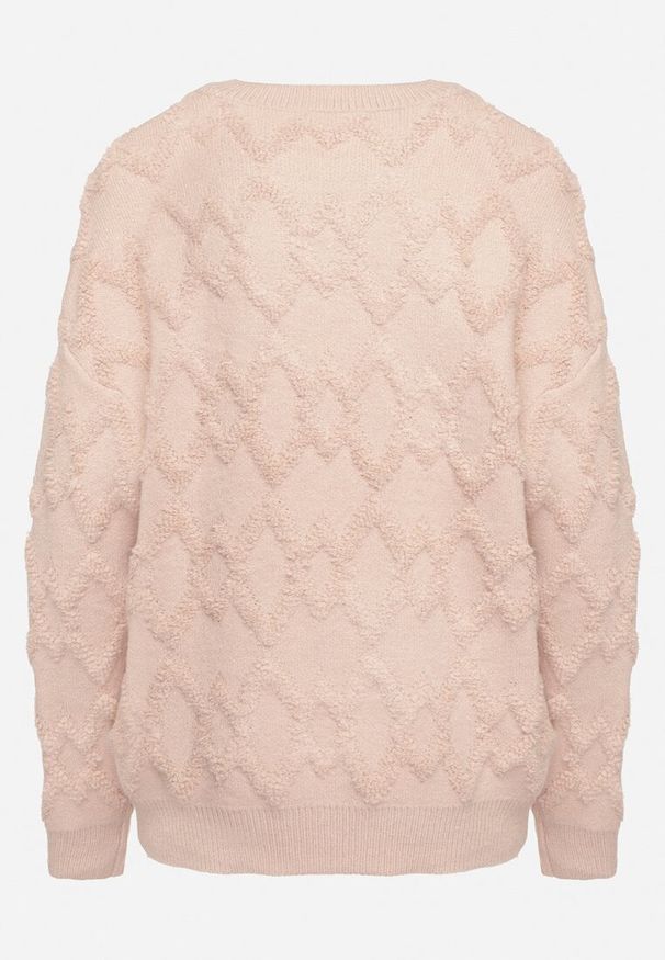 Born2be - Jasnoróżowy Sweter o Luźnym Kroju i Wzorzystym Splocie ze Ściągaczami Elondrae. Okazja: na co dzień. Kolor: różowy. Materiał: jeans, bawełna. Wzór: ze splotem. Styl: elegancki, casual