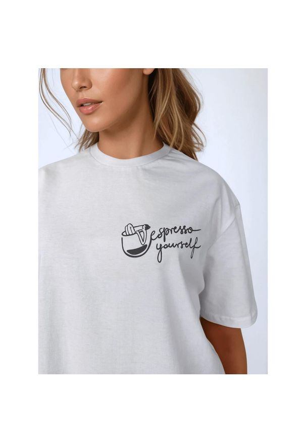 BESHAPED - Biały T-shirt Damski Espresso Yourself BeShaped. Kolor: brązowy. Materiał: bawełna