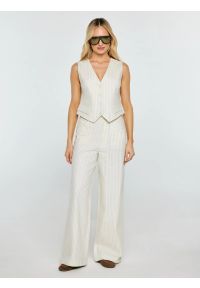 Big-Star - Spodnie damskie lniane z szeroką nogawką w prążek kremowe Kinnisi 102. Stan: podwyższony. Kolor: kremowy. Materiał: len. Wzór: prążki. Styl: wizytowy #4