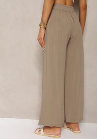 Renee - Ciemnobeżowe Bawełniane Spodnie Palazzo High Waist z Gumką w Pasie Gitanea. Okazja: na co dzień. Stan: podwyższony. Kolor: beżowy. Materiał: bawełna. Styl: elegancki, casual #3