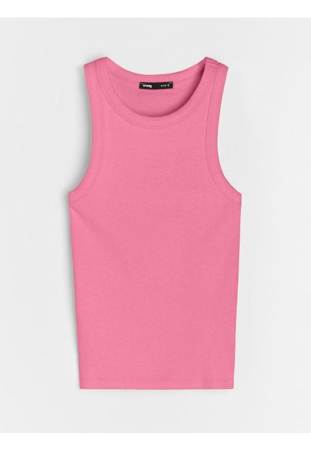 Sinsay - Bawełniany prążkowany top basic - różowy. Kolor: różowy. Materiał: prążkowany, bawełna