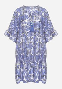 Born2be - Niebieska Sukienka z Lnem o Rozkloszowanym Kroju z Falbanami i Metalicznym Nafrukiem Rinanis. Okazja: na co dzień. Typ kołnierza: dekolt w serek. Kolor: niebieski. Materiał: len. Wzór: aplikacja. Styl: klasyczny, casual, elegancki #5