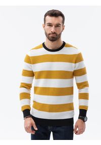Ombre Clothing - Sweter męski w paski - musztardowy V2 - Rozmiar: XXL. Kolor: żółty. Materiał: bawełna, dzianina. Wzór: paski. Styl: klasyczny