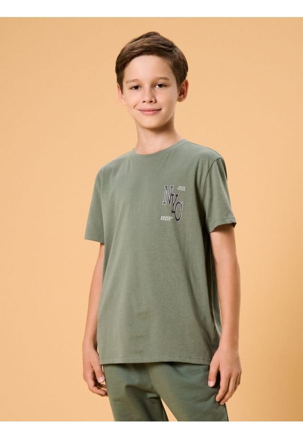 Sinsay - Koszulka z drobnym napisem - green spruce. Wzór: napisy