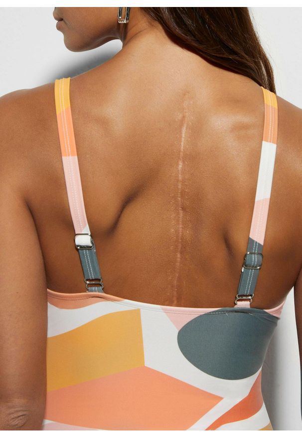 bonprix - Kostium kąpielowy z kopertowym dekoltem. Kolor: biały. Materiał: poliamid. Wzór: nadruk