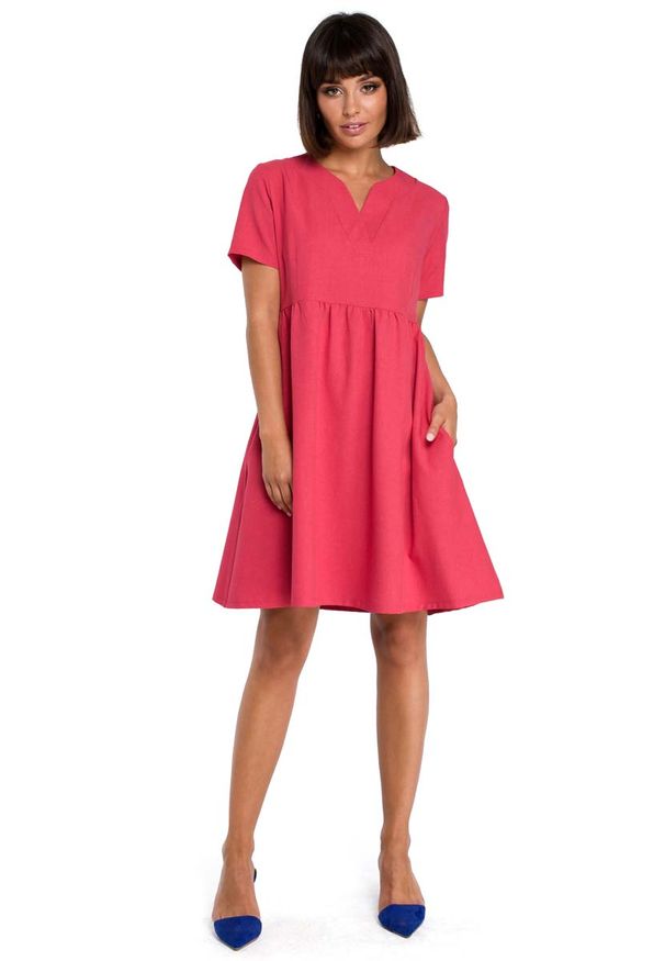 MOE - Różowa Rozkloszowana Sukienka Mini Odcinana pod Biustem. Kolor: różowy. Materiał: len, poliester. Długość: mini