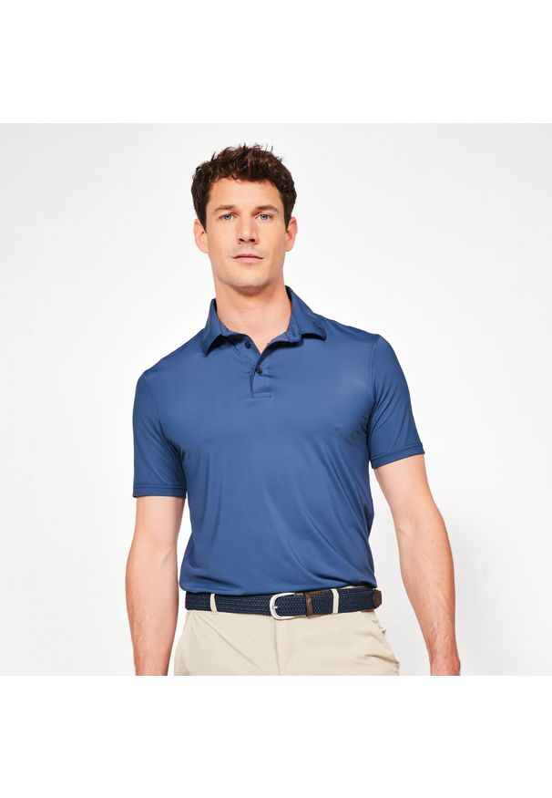 INESIS - Koszulka polo do golfa z krótkim rękawem męska Inesis WW900. Typ kołnierza: golf, polo. Kolor: niebieski. Materiał: materiał, elastan, poliamid. Długość rękawa: krótki rękaw. Długość: krótkie. Styl: sportowy