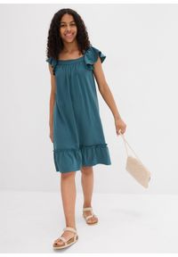 bonprix - Sukienka z dżerseju z elastycznej mieszanki bawełny organicznej. Typ kołnierza: kołnierz z falbankami. Kolor: niebieski. Materiał: jersey, bawełna #3
