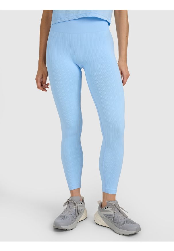 4f - 4F Legginsy treningowe bezszwowe damskie - niebieskie XS/S. Stan: podwyższony. Kolor: niebieski. Materiał: dzianina, materiał, syntetyk, włókno, elastan. Długość: długie. Wzór: gładki. Sport: fitness, joga i pilates