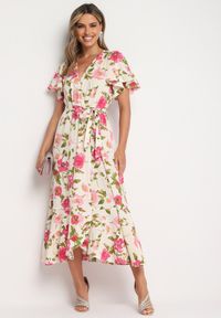 Born2be - Beżowo-Różowa Sukienka z Kopertowym Dekoltem Gumką w Pasie i Materiałowym Paskiem Genatia. Kolor: beżowy. Materiał: materiał. Długość rękawa: krótki rękaw. Sezon: lato. Typ sukienki: kopertowe #2