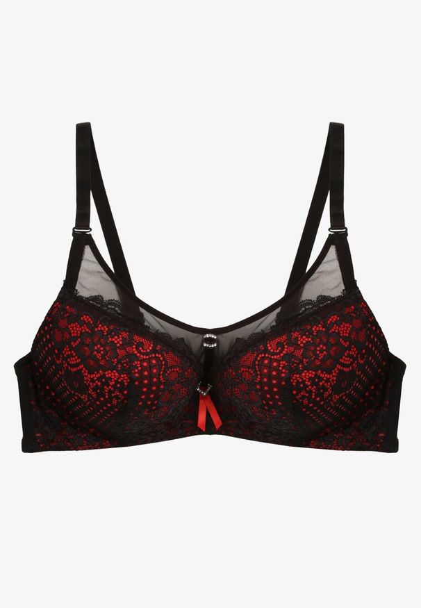 Renee - Czarno-Czerwony Biustonosz Push-Up z Koronki Ozdobiony Metalową Aplikacją Arissta. Kolor: czarny. Materiał: koronka. Rodzaj stanika: push-up. Wzór: aplikacja, koronka
