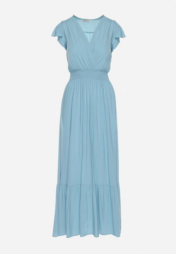 Born2be - Jasnoniebieska Bawełniana Sukienka Maxi z Kopertową Górą Rozkloszowana Xaliara. Okazja: na wesele, na ślub cywilny, na imprezę. Kolor: niebieski. Materiał: bawełna. Sezon: lato. Typ sukienki: kopertowe. Długość: maxi