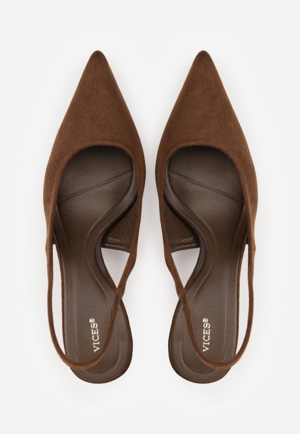 Born2be - Ciemnobrązowe Czółenka z Odkrytą Piętą VICES na Obcasie Kaczuszka Anatema. Okazja: na co dzień. Kolor: brązowy. Materiał: jeans, zamsz. Obcas: na obcasie. Styl: casual, elegancki. Wysokość obcasa: średni