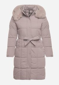 Born2be - Szara Pikowana Kurtka z Kapturem z Futrem i Wiązanym Paskiem Mevinatia. Okazja: na co dzień. Typ kołnierza: kaptur. Kolekcja: plus size. Kolor: szary. Materiał: futro. Styl: casual, klasyczny #2