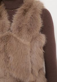 Born2be - Ciemnobeżowa Kamizelka Futrzana z Wstawkami z Ekoskóry Batliewa. Kolor: beżowy. Materiał: futro. Wzór: aplikacja #4