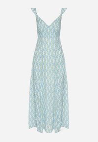 Born2be - Niebieska Wiskozowa Sukienka w Kwiaty z Ozdobnymi Falbankami Redele. Okazja: na spacer, na co dzień. Typ kołnierza: kołnierz z falbankami. Kolor: niebieski. Materiał: wiskoza. Długość rękawa: na ramiączkach. Wzór: kwiaty. Typ sukienki: proste. Styl: casual, klasyczny #4