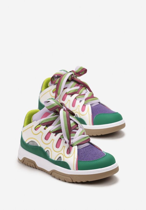 Renee - Zielone Sneakersy Ozdobione Brokatem z Oryginalnym Sznurowaniem Patricie. Kolor: zielony, beżowy. Wzór: aplikacja
