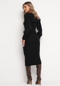 Born2be - Czarna Dzianinowa Sukienka Midi z Trójkątnym Dekoltem i Bolerkiem z Bufiastymi Rękawami Vorteia. Kolor: czarny. Materiał: dzianina. Długość rękawa: na ramiączkach. Długość: midi #5