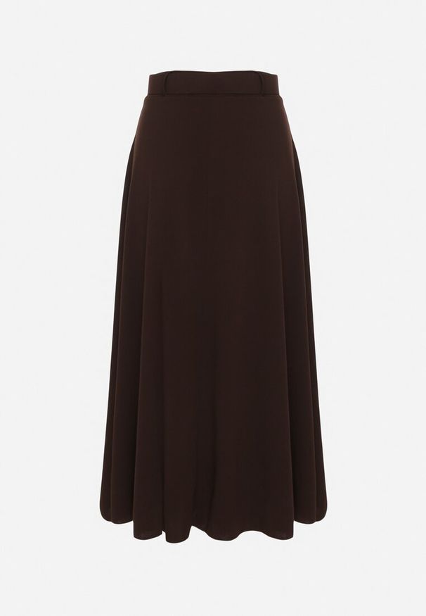 Born2be - Brązowa Rozkloszowana Spódnica z Wysokim Stanem Ozdobiona Paskiem z Klamrą Lobira. Okazja: na co dzień. Stan: podwyższony. Kolor: brązowy. Materiał: jedwab. Wzór: aplikacja. Styl: elegancki, casual