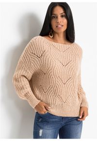 Sweter oversize w ażurowy wzór bonprix bezowy. Kolor: beżowy. Wzór: ażurowy #5