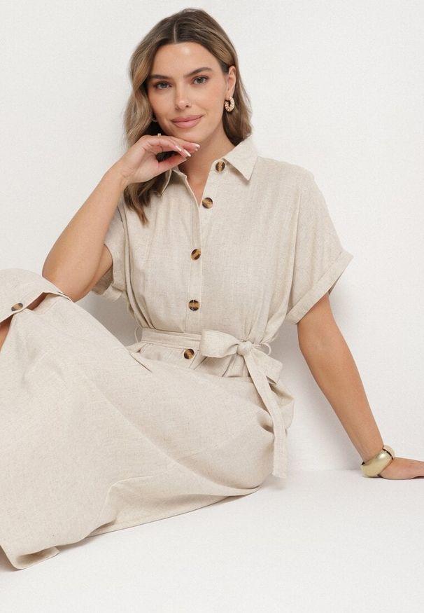 Born2be - Beżowa Koszulowa Sukienka z Lnem Wiskozą i Paskiem Lenaviel. Okazja: na co dzień. Kolor: beżowy. Materiał: wiskoza, len. Typ sukienki: koszulowe. Styl: casual, klasyczny