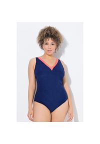 ULLA POPKEN - Damski Strój kąpielowy struktura bez miękkich miseczek dekolt w serek. Kolekcja: plus size. Kolor: niebieski. Materiał: elastan, materiał, poliester #1