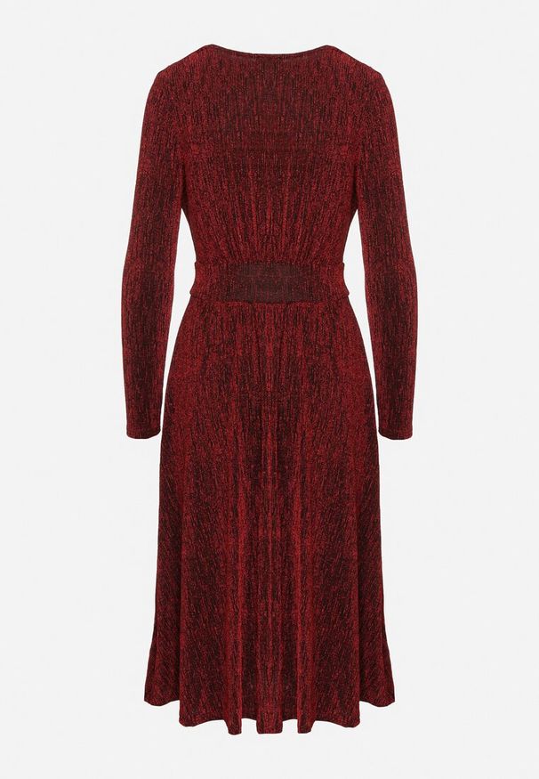 Born2be - Bordowa Taliowana Sukienka z Wiskozą o Rozkloszowanym Kroju Zdobiona Metaliczną Nicią Mesinae. Okazja: na spotkanie biznesowe, do pracy. Typ kołnierza: dekolt w kształcie V. Kolor: czerwony. Materiał: wiskoza. Długość rękawa: długi rękaw. Wzór: aplikacja. Typ sukienki: rozkloszowane. Styl: glamour, elegancki, biznesowy, wizytowy