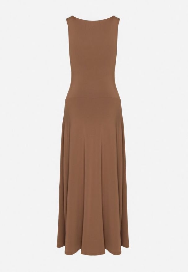 Born2be - Brązowa Sukienka Taliowana Bez Rękawów z Kwadratowym Dekoltem Aspartia. Okazja: na co dzień. Typ kołnierza: dekolt kwadratowy. Kolor: brązowy. Długość rękawa: bez rękawów. Sezon: wiosna, lato. Styl: elegancki, casual