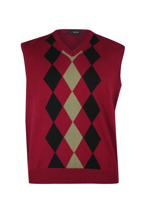 Max Sheldon - Kamizelka Czerwona w Romby, Elegancka, Bezrękawnik, Dekolt w Serek (V-neck), Męska -MAX SHELDON. Okazja: na co dzień. Typ kołnierza: dekolt w serek. Kolor: czerwony. Materiał: akryl, bawełna. Długość rękawa: bez rękawów. Sezon: jesień, zima. Styl: elegancki